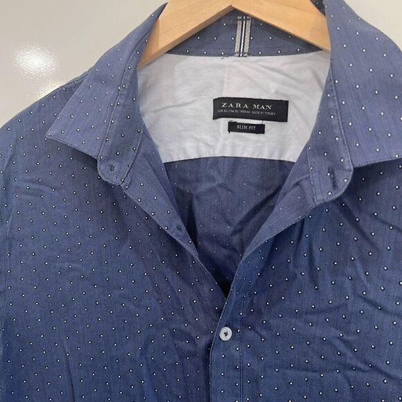 Zara man navy Polka dot button down shirt XL - Picture 3 of 6